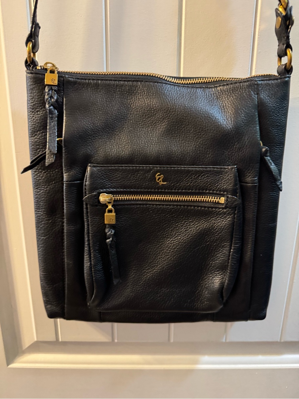 Elliott Lucca Black Leather Crossbody with Gold Chain Detail